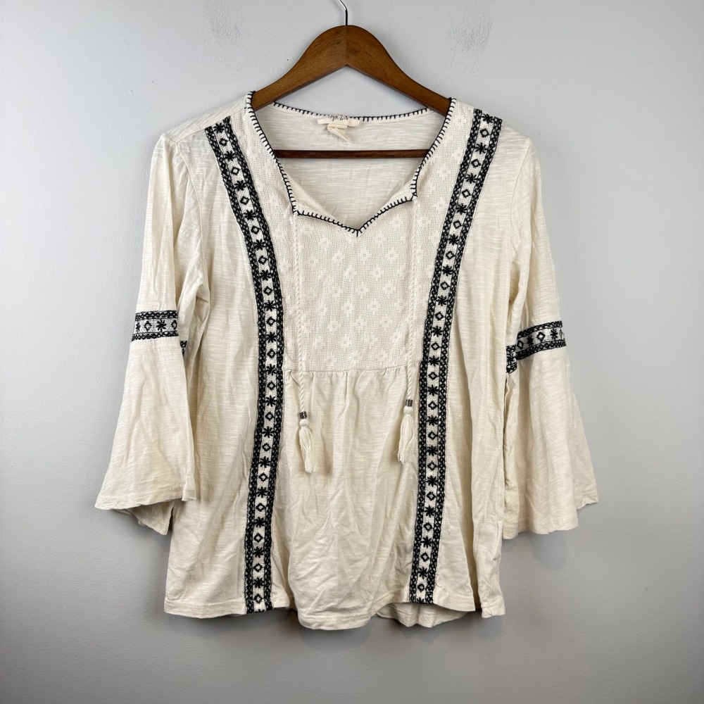 Style & Co Boho Peasant Bell Sleeve Top Womens Small Embroidered Festival Slubs